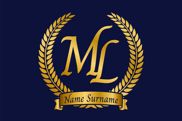 Initial letter M and L, ML monogram logo design with laurel wreath. Luxury golden calligraphy font.