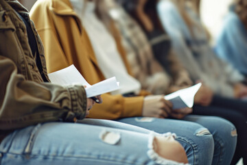 Obraz premium Rows of seated people holding papers for seminar