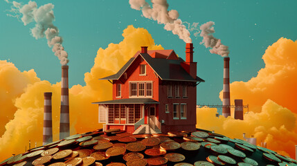 A vibrant depiction of a house atop a pile of coins, with smokestacks illustrating the backdrop of industry