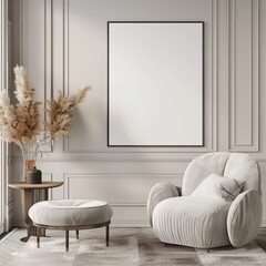 Frame template in paper format. Interior visualization living room with the house background. Minimalistic interior design. Three-dimensional.