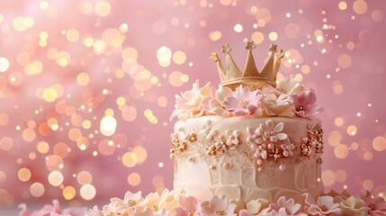 modern princess themed pastel color butter cream birthday cake with golden tiara and real roses on a pastel pink background with bokeh and glitter