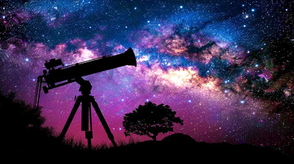 A telescope silhouetted against a starry night sky, zooming in on distant galaxies and nebulae, capturing the majesty of the cosmos