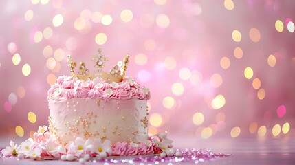 modern princess themed pastel color butter cream birthday cake with golden tiara and real roses on a pastel pink background with bokeh and glitter