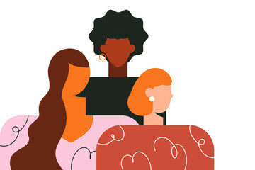 Three elegant women stand together. Group of beautiful girls different skin colors, cultures and nationalities. Abstract minimal female portrait. Sisterhood and females friendship vector illustration