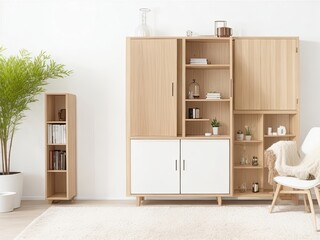 Interior living room with wooden cabinet and accessories against blank white wall background