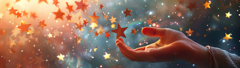 Dynamic image of a hand reaching for a star, amidst other stars, signifying approval, rating, and achievement