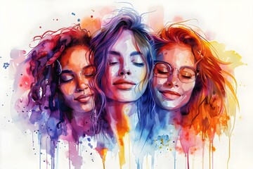 Celebrating Sisterhood in Vivid Watercolors. Concept Sisterhood Bond, Watercolor Art, Vibrant Colors, Women Empowerment, Unique Portraits