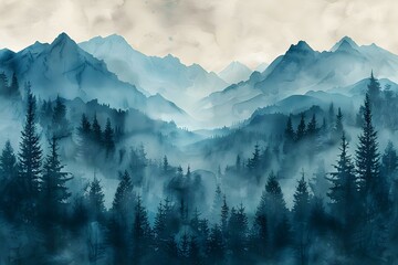 Enigmatic Watercolor Mountainscape with Textured Blues and Greens. Concept Watercolor Painting, Mountain Landscape, Blue and Green Colors, Textured Artwork, Enigmatic Scene - obrazy, fototapety, plakaty