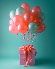 a big pink box with helium balloons that are tied to a ribbon, on a minimal light mint colored background