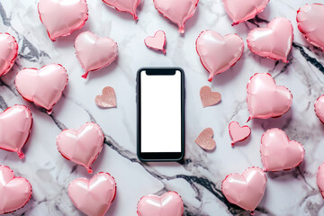 overhead flat lay view of a smartphone with a blank screen mockup, surrounded by small pink heart shaped helium balloons on white marble background