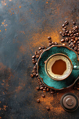 Blue Cup of coffee and coffee beans on dark grunge background. Top view. Copy space