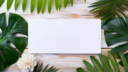Blank business cards mockup and plant leave monstera on wooden table. Perfect for modern corporate identity stationery. Tropical sophistication.