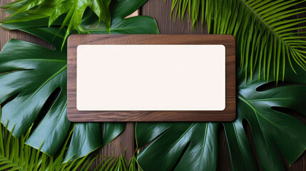 Elegant blank business card, made of light wood for business cards featuring, surrounded by monstera leaves, for modern corporate identity, contemporary design,  tropical and sophisticated touch
