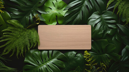Elegant blank business card, made of dark wood for business cards featuring, surrounded by monstera leaves, for modern corporate identity, contemporary design,  tropical  touch, Top view.