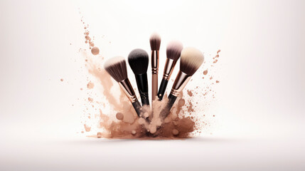 Different cosmetic makeup brushes standing in pink white and black tones on a white background with minimalist aesthetics.