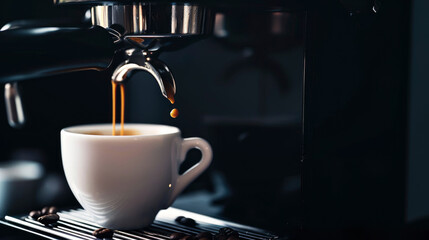 Freshly brewed coffee is poured from the coffee machine into white cup. environment and background dark lathe, Coffee machine with capsule.