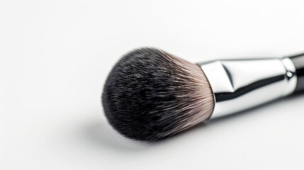 Closeup to a cosmetic makeup brush, on white background. anner for advertising makeup and cosmetics, Copy space