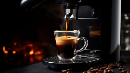 Steaming espresso pouring into a glass cup from a sleek black coffeemaker. the allure of coffee brewing, dark environment and background.