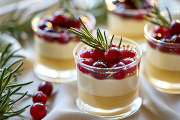 Transparent glasses of homemade vanilla custard pudding, decorated with cherries with rosemary on the table, antique and romantic cups, glamorous elegance, light yellow and white, homemade dessert