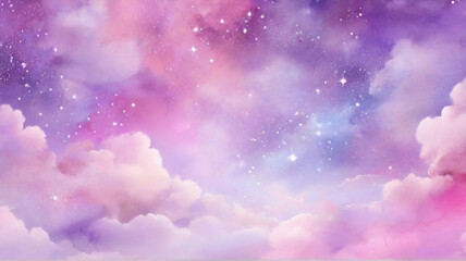 Kawaii Fantasy Pastel Colorful Sky with Clouds and Stars Background in Paper Cut and Paste Style	 - obrazy, fototapety, plakaty