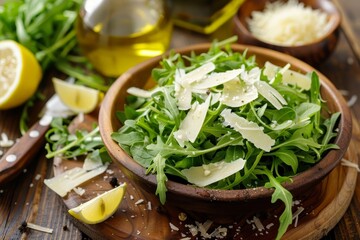 Rocket salad with Parmesan lemon olive oil and seasonings on wood