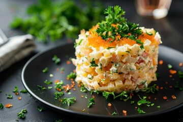 Round mimosa salad on black plate with parsley garnish Traditional holiday food