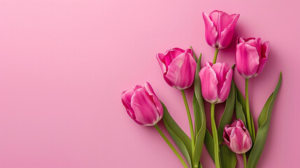 Pink tulip flower arrangement with pink background and copy space