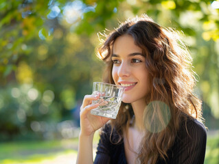 young woman enjoying a glass of water to hydrate herself with fresh air of a park 