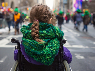 Young girl in a wheelchair, wearing a hand-knitted green scarf watching St. Patrick's Day parade in city street 