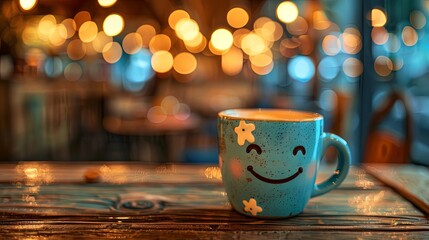 Smiling coffee cup on a table with bokeh background 
