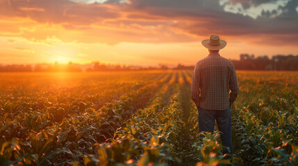 Rear view of senior farmer standing in corn field examining crop at sunset - Powered by Adobe