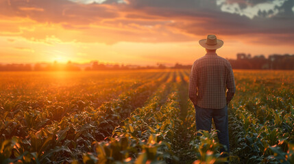 Fototapeta premium Rear view of senior farmer standing in corn field examining crop at sunset