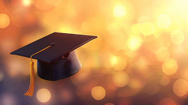 Graduation cap with gold tassels, on an elegant background with gold bokeh. Celebratory graduation invitation with space for text - Powered by Adobe