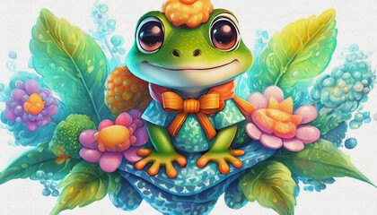OIL PAINTING STYLE CARTOON CHARACTER CUTE BABY frog isolated on white background, top view. side front view