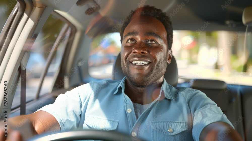 Sticker man driving in sunlit car