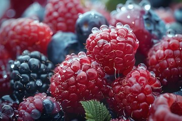 a close up of a pile of raspberries , blackberries and blueberries