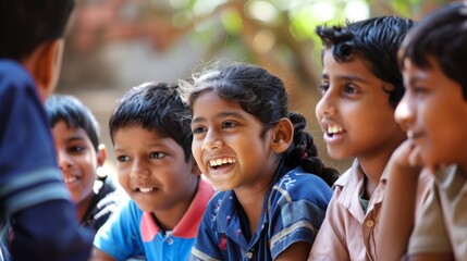 Group of happy Indian children smiling outdoors. Candid moment of joy among school-aged kids for cultural diversity and education concept in design and social studies