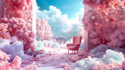 Ethereal Pink Forest Dreamscape with Solitary Armchair