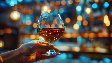 A hand holding a glass of whiskey with a blurred bar background