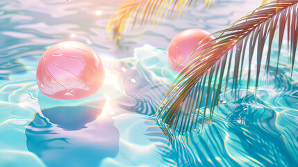 Sunny Pool Day with Floating Pink Balls and Palm Shadows - obrazy, fototapety, plakaty
