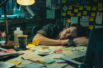 Fototapeta premium Exhausted Young Professional Asleep at Desk Amidst Clutter of Sticky Notes and Unfinished Coffee Cup, Reflecting Organizational Chaos in the Workplace.