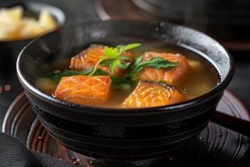 Salmon miso soup in dark bowl