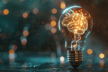 Secure intellectual property with biometric security Merge light bulb and brain Idea protection concept 3D render - obrazy, fototapety, plakaty