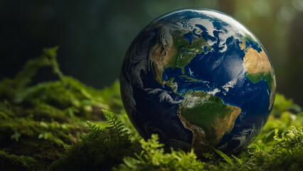 Obraz na płótnie Canvas Earth on green grass on sunlight, Love and Save the World for the Next Generation concept, Earth day concept, Elements of this image furnished by NASA