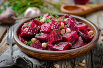 Selective focus on bowl of beetroot salad with walnuts and garlic on wooden table