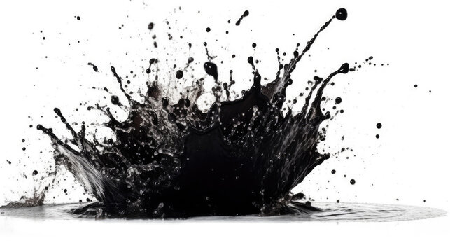 High speed black ink splash on white background in a studio setting