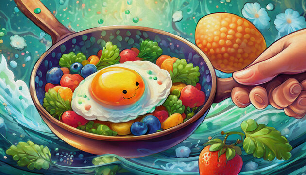OIL PAINTING STYLE CARTOON CHARACTER CUTE, One Chicken Egg in a Small Pan Isolated, Lightly Fried, salad, food, tomato, vegetable