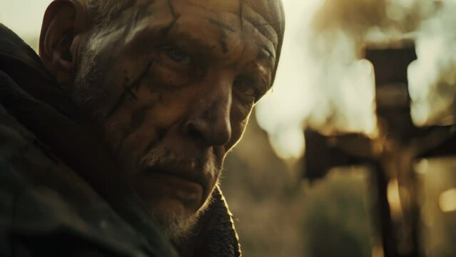 Tired concentrated face of a monk, half-hidden in the shadows, with backdrop of a medieval castle and a cross. The battle for Faith and the God
