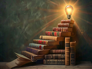 A cascade of books leading to a glowing light bulb, each step a milestone in the journey of learning and understanding