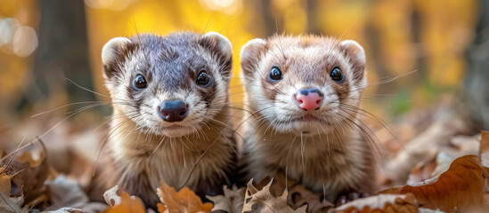 Ferret and Kit: Ferrets are playful and curious carnivorous mammals kept as pets for their sociable behavior. Kits are the offspring of ferrets - obrazy, fototapety, plakaty